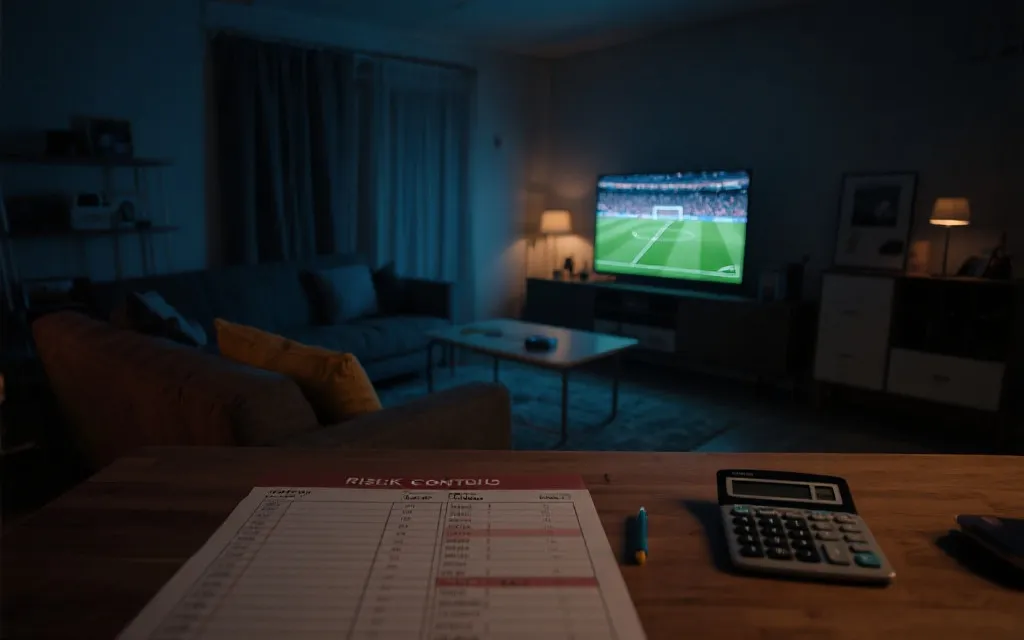 世界杯比赛夜晚的屏幕与笔记本，强调自律与风控