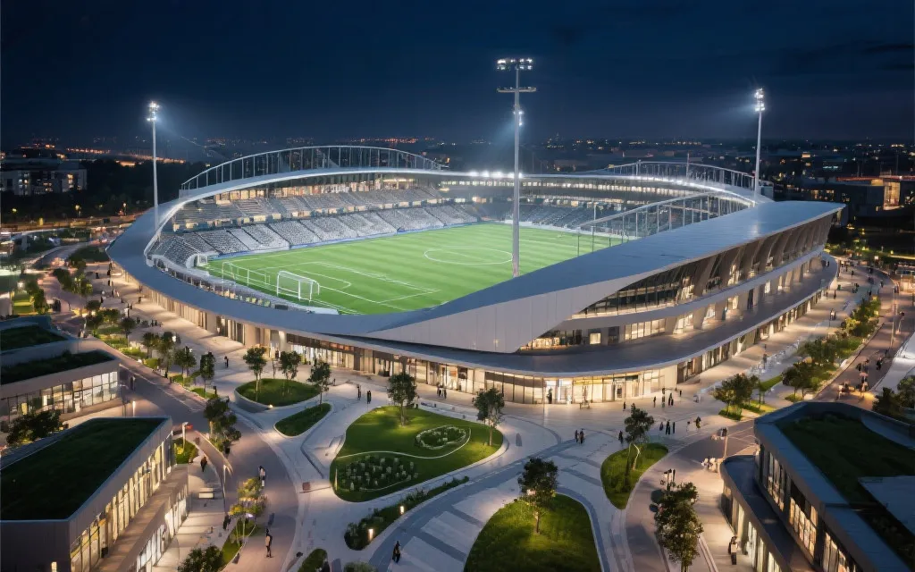 现代球场与周边步行街区和绿色公共空间，体现赛后可持续利用